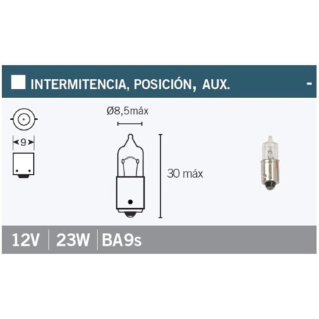Lámpara V PARTS Bayoneta 9 mm 12V 23W Blanca - 10 uds