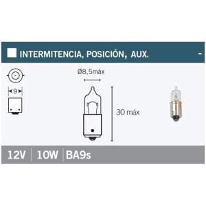Lámpara V PARTS Bayoneta 9 mm 12V 10W Blanca - 10 uds