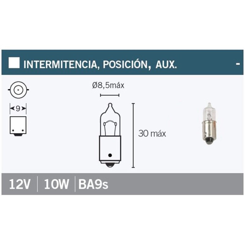Lámpara V PARTS Bayoneta 9 mm 12V 10W Blanca - 10 uds